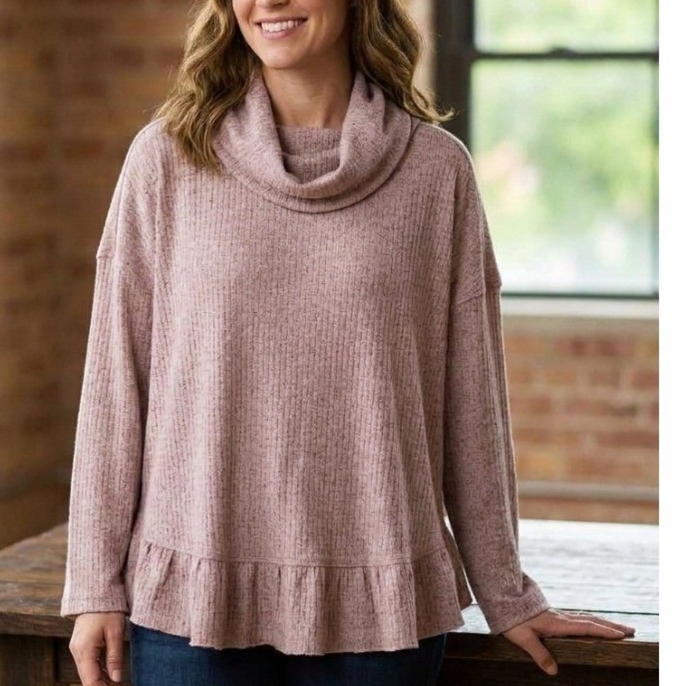 Maeve Anthropologie Womens Large Dusty Rose‎ Cowl Neck Ruffle Hem Ribbed Sweater